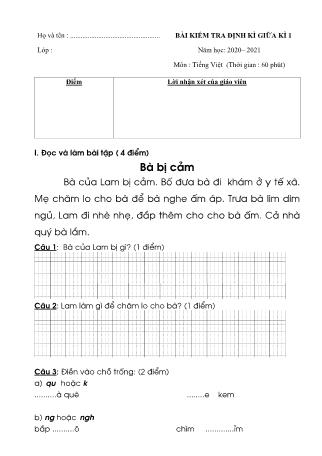 Bài kiểm tra định kì giữa kì 1 môn Tiếng Việt 1 (Cánh diều) - Năm học 2020-2021