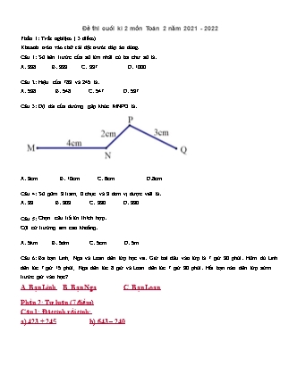 Đề thi cuối kì 2 môn Toán 2 (Cánh diều) - Năm học 2021-2022