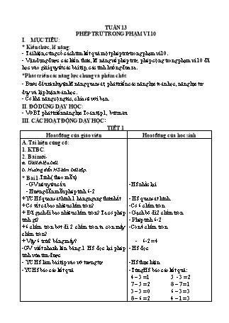 Giáo án Buổi 2 môn Toán học Lớp 1 (Cánh diều) - Tuần 13 - Bài: Phép trừ trong phạm vi 10