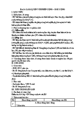 Giáo án Toán học 1 (Cánh diều) - Bài 14: Làm quen với phép cộng-dấu cộng