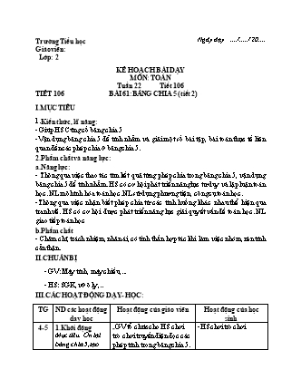 Kế hoạch bài dạy Toán học 2 (Cánh diều) - Tuần 22 (Bản 4 cột)