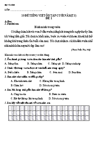 10 Đề ôn tập cuối năm môn Tiếng Việt 1 (Cánh diều)