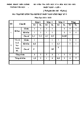 Bài kiểm tra cuối học kì II môn Toán Lớp 1 (Cánh diều) - Năm học 2021-2022