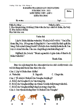 Bài kiểm tra khảo sát chất lượng môn Tiếng Việt Lớp 1 (Cánh diều) - Năm học 20202021 (Có đáp án)