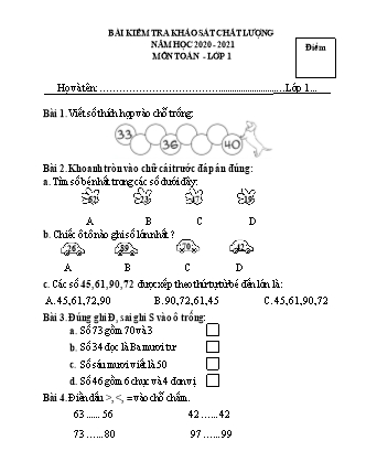 Bài kiểm tra khảo sát chất lượng môn Toán Lớp 1 (Cánh diều) - Năm học 20202021 (Có đáp án)