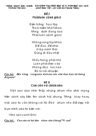 Bộ đề kiểm tra cuối học kì II môn Tiếng Việt Lớp 1 (Cánh diều) - Đề đọc thành tiếng - Năm học 2021-2022