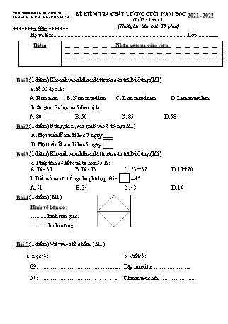 Đề kiểm tra chất lượng cuối môn Toán 1 (Cánh diều) - Năm học 2021-2022