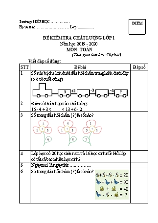 Đề kiểm tra chất lượng môn Toán Lớp 1 (Cánh diều) - Năm học 2019-2020