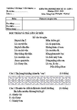 Đề kiểm tra định kì học kì II môn Tiếng Việt Lớp 1 (Cánh diều) - Năm học 2019-2020