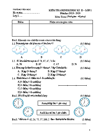 Đề kiểm tra định kì học kì II môn Toán Lớp 1 (Cánh diều) - Năm học 2019-2020 (Có đáp án)