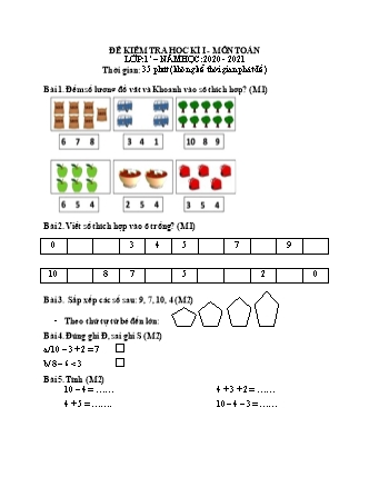 Đề kiểm tra học kì I môn Toán Lớp 1 (Cánh diều) - Năm học 2020-2021