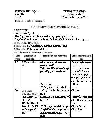 Kế hoạch bài dạy môn Đạo đức 2 (Cánh diều) - Bài 2: Kính trọng thầy cô giáo (Bản 4 cột)