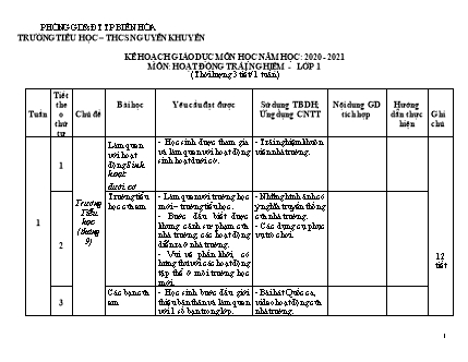 Kế hoạch giáo dục môn Hoạt động trải nghiệm Lớp 1 (Cánh diều) - Năm học 2020-2021