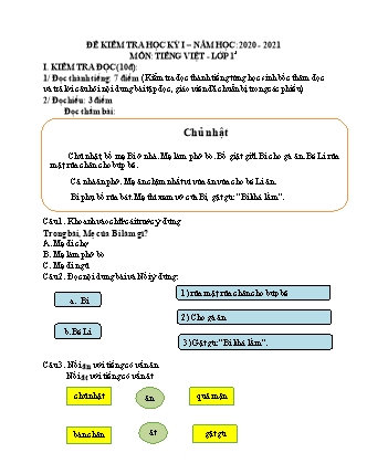 Đề kiểm tra học kỳ I môn Tiếng Việt Lớp 1 (Cánh diều) - Năm học 2020-2021