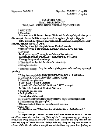 Giáo án Địa lí Lớp 9 - Phần I: Địa lí dân cư - Tiết 1, Bài 1: Cộng đồng các dân tộc Việt Nam - Năm học 2022-2023