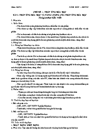 Giáo án Khoa học tự nhiên 8 (Cánh diều) - Chủ đề 1: Phản ứng hóa học - Bài 2: Phản ứng hóa học và năng lượng của phản ứng hóa học