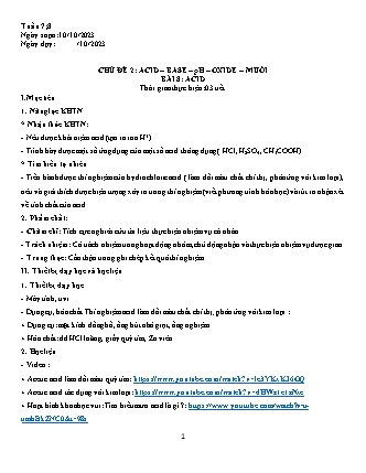 Giáo án Khoa học tự nhiên 8 (Cánh diều) - Chủ đề 2: Acid–base–pH–oxide – muối - Tuần 7+8, Bài 8: Acid - Năm học 2023-2024