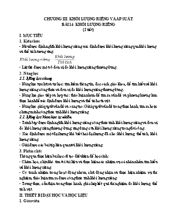 Giáo án Khoa học tự nhiên 8 (Kết nối tri thức với cuộc sống) - Chương III: Khối lượng riêng và áp suất - Bài 14,15