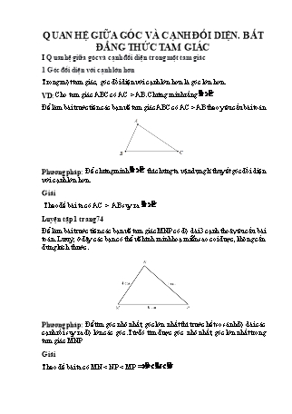Giáo án Toán 7 (Cánh diều) - Chương 7: Tam giác - Bài 2: Quan hệ giữa góc và cạnh đối diện. Bất đẳng thức tam giác