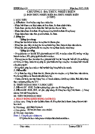 Kế hoạch bài dạy Toán 8 (Cánh diều) - Chương I: Đa thức nhiều biến - Bài 1: Đơn thức nhiều biến. Đa thức nhiều biến - Năm học 2023-2024